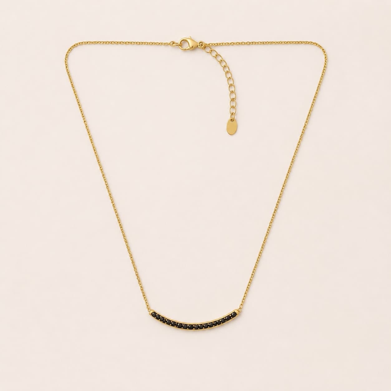 Gold Curved Bar Necklace with Black Stones
