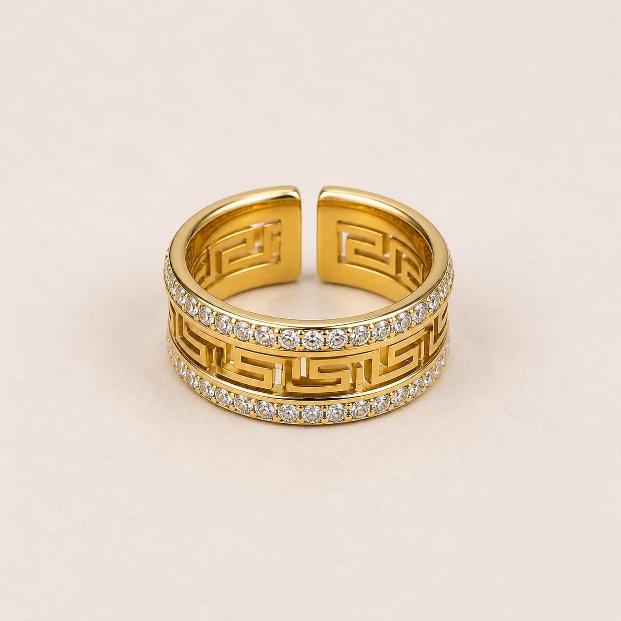 Gold Greek Key & Crystal Ring